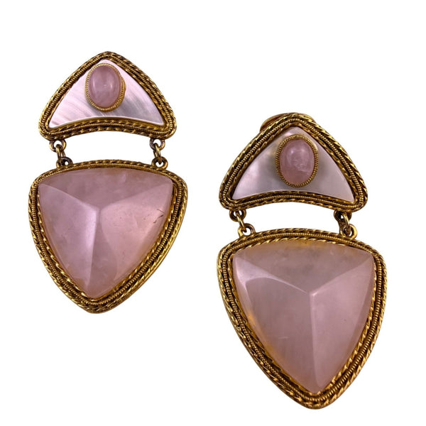Vintage Womens Gold Tone Pink Stone Geometric Dangle Earrings