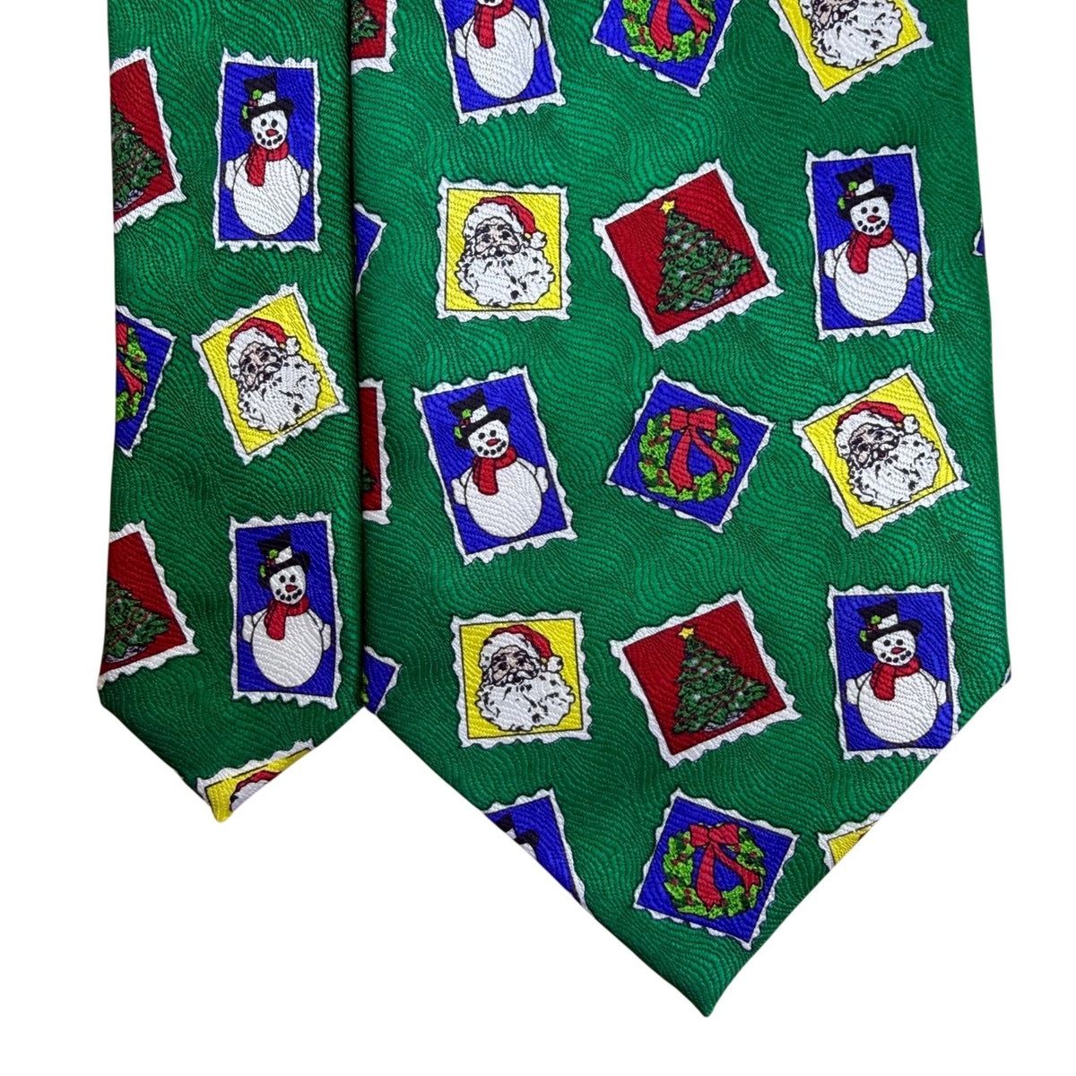 Cape Cod Mens Green Silk Christmas Holiday Tie Snowman Santa Tree Print OS