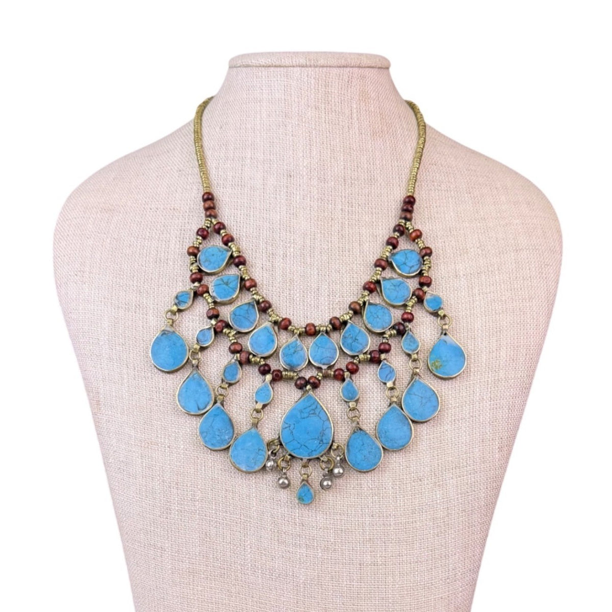 Vintage Style Gold Tone & Blue Faux Turquoise Necklace With Teardrop Beads