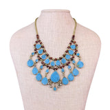 Vintage Style Gold Tone & Blue Faux Turquoise Necklace With Teardrop Beads
