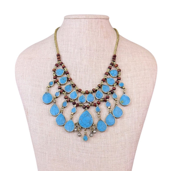 Vintage Style Gold Tone & Blue Faux Turquoise Necklace With Teardrop Beads