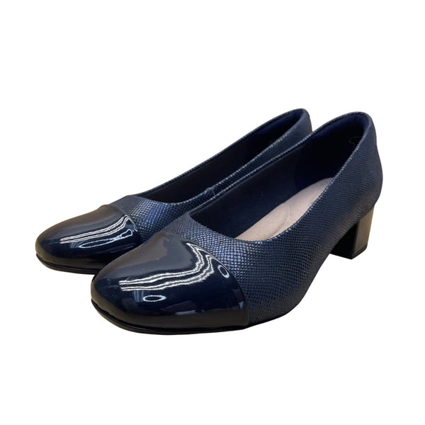 Clarks Women's Navy Faux Leather Block Heel Cap Toe Collection Pumps Size 7.5