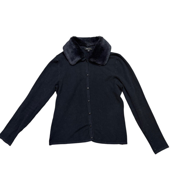BCBG Max Azria Womens Black Button-Up Cardigan With Faux Fur Collar Size L
