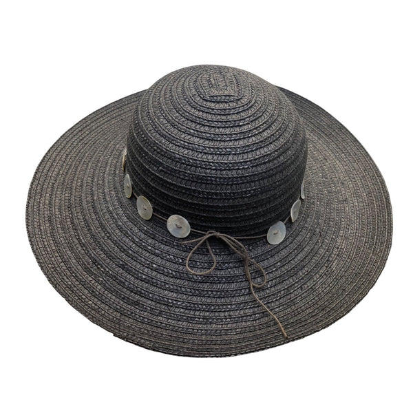Flora Bella Womens Black Straw Hat W/Mother-Of-Pearl Accents Sun Protection