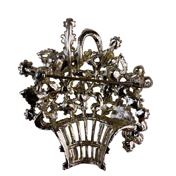 Vintage Womens Gold Tone Metal Brooch Colorful Rhinestones Faux Pearls Basket