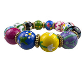 Colorful Hand-Painted Bead Stretch Bracelet With Gold-Tone Accents Unique Design