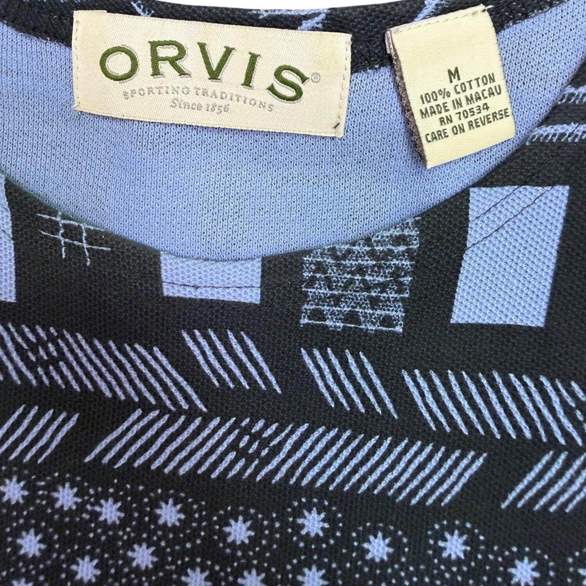 Orvis Womens Navy Tribal Print Midi Dress Relaxed Fit Comfortable Size M