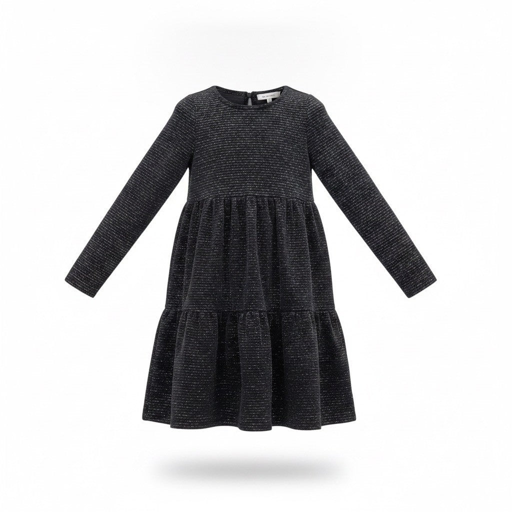 Btween Girls Black Glitter Long-Sleeve Tiered Dress Metallic Size 10