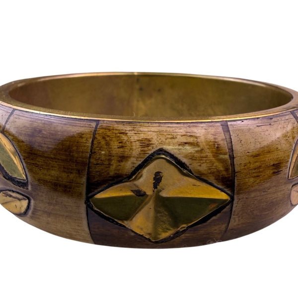 Vintage Bangle Brass & Wood Brown Geometric Handcrafted Bracelet