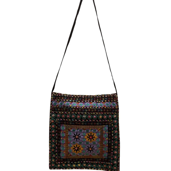 Embroidered Black Multicolor Floral Pattern Zipper Ethnic Boho Shoulder Bag
