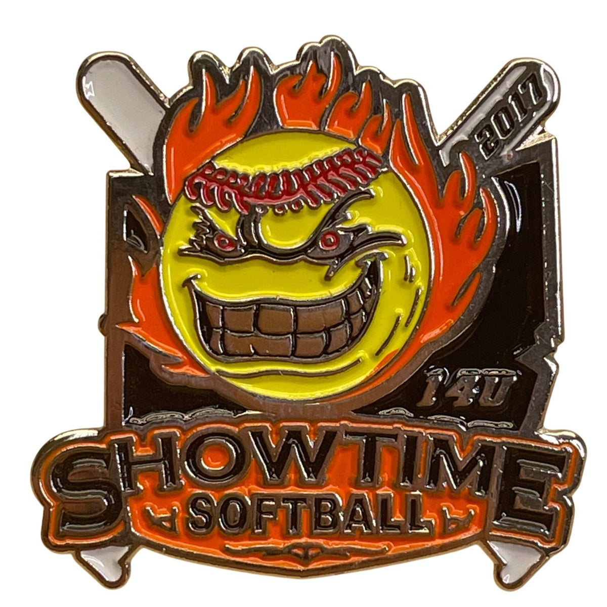 2011 Showtime Softball Trading Pin 1.25" With Baseball Bat & Flame Design