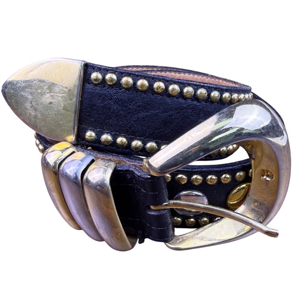 Streets Ahead Unisex Black Leather Studded Belt Gold Accents Adjustable Western