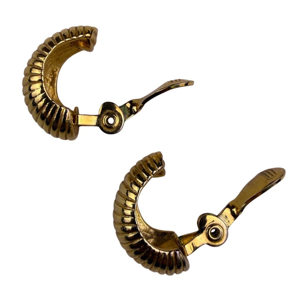 Monet Womens Gold Tone Ribbed Clip-On Hoop Earrings Vintage Crescent Style
