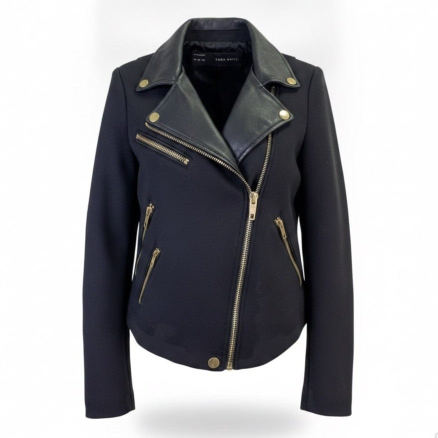 Zara Basic Womens Black Moto Jacket With Gold Zippers Size S