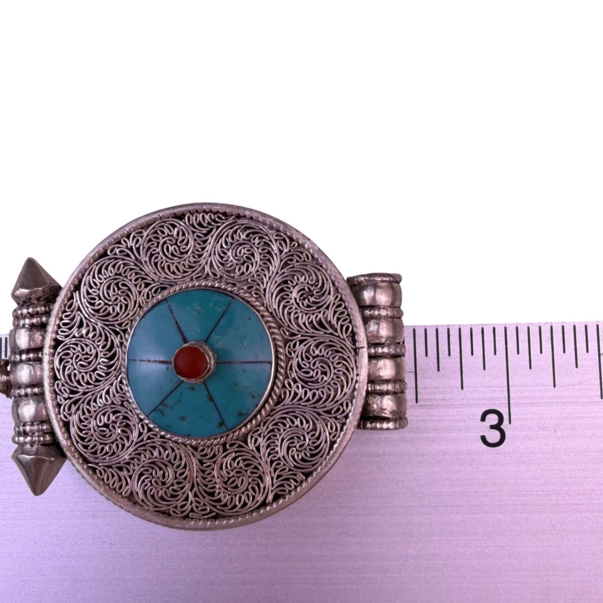 Tibetan Sterling Silver 925 Pendant Filigree Prayer Box Turquoise Coral Inlay