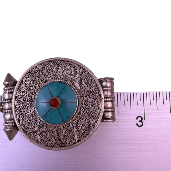 Tibetan Sterling Silver 925 Pendant Filigree Prayer Box Turquoise Coral Inlay