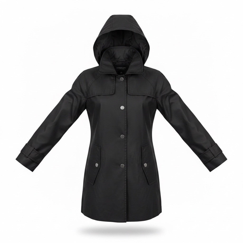 London Fog Womens Black Cotton Polyester Hooded Trench Coat Size XS