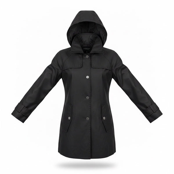 London Fog Womens Black Cotton Polyester Hooded Trench Coat Size XS