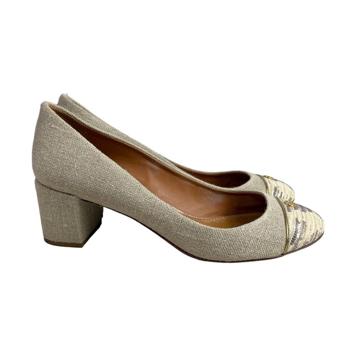 Tory Burch Women’s Natural Gold Tejus Lizard Print Heels Sz 9M -