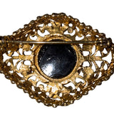 Vintage Unknown Gold Tone Black Glass Filigree Brooch Intricate Design Classic