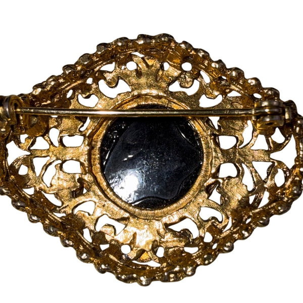 Vintage Unknown Gold Tone Black Glass Filigree Brooch Intricate Design Classic