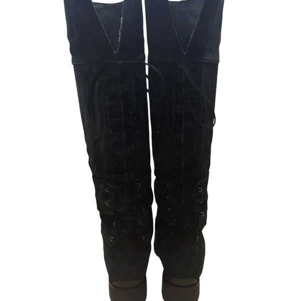 Nine West Women’s Black Suede Lug Sole Lace-Up Knee-High Mavira Boots Size 10M