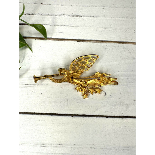 Signed Gold Crown Inc Gold Tone Angel Christmas Brooch Pin