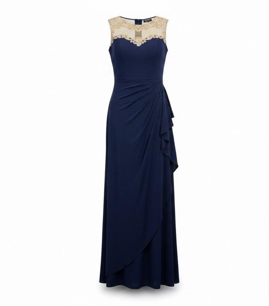 Alex Evenings Womens Navy Mesh Evening Gown With Gold Embellished Bodice Size 14