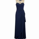 Alex Evenings Womens Navy Mesh Evening Gown With Gold Embellished Bodice Size 14