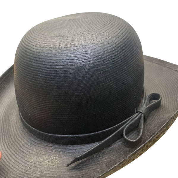 Adolfo II Womens Black Straw Bowler Hat Woven Ribbon Bow Accent Vintage Style