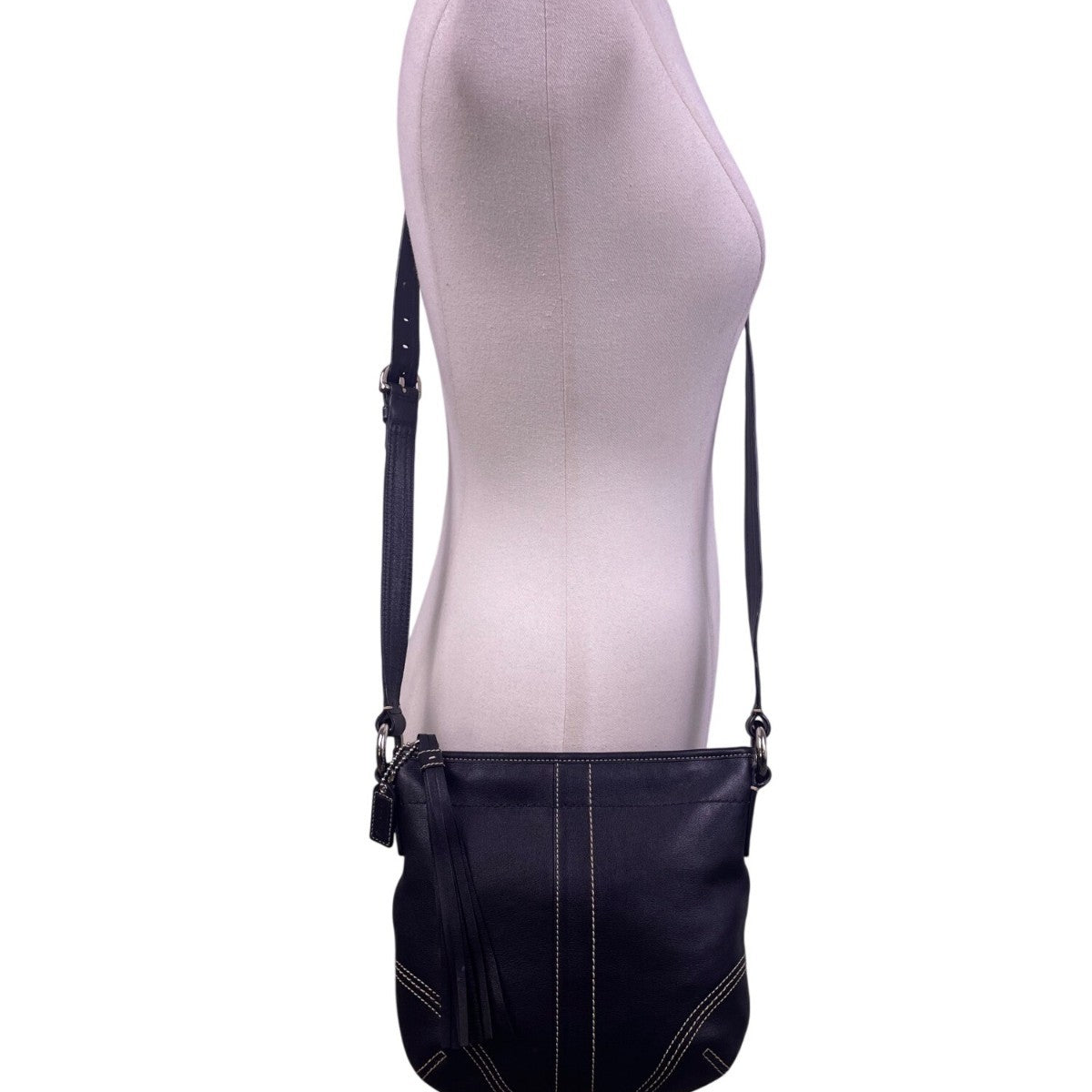 Coach Women’s Black Leather With Tassel Accent & Stitch Detailing Crossbody Bag