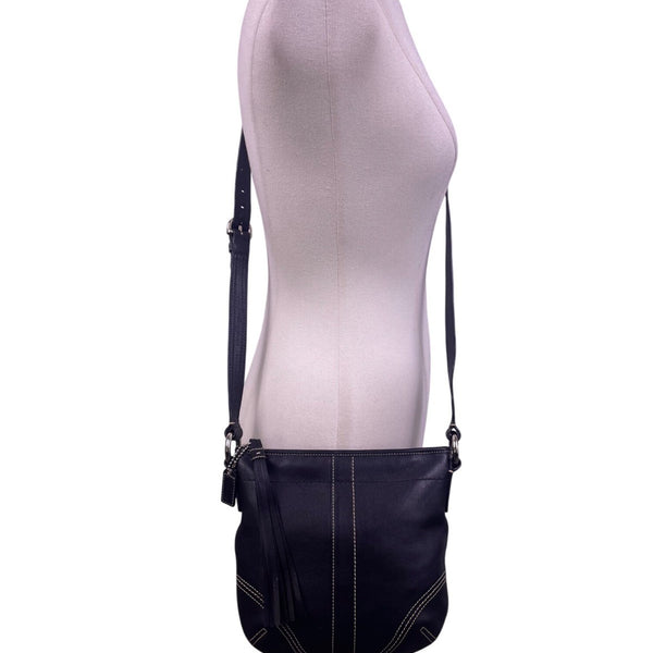 Coach Women’s Black Leather With Tassel Accent & Stitch Detailing Crossbody Bag
