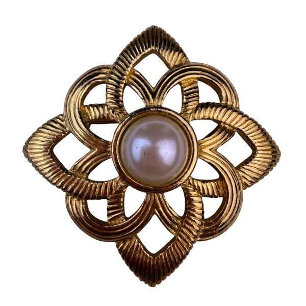 Vintage Womens Gold Tone Faux Pearl Brooch Elegant Floral Design