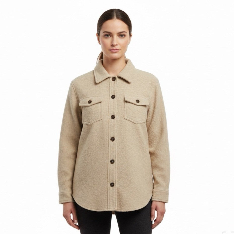 Hilary Radley Womens Beige Fleece Button-Up Shirt Jacket Casual Oversized Sz L