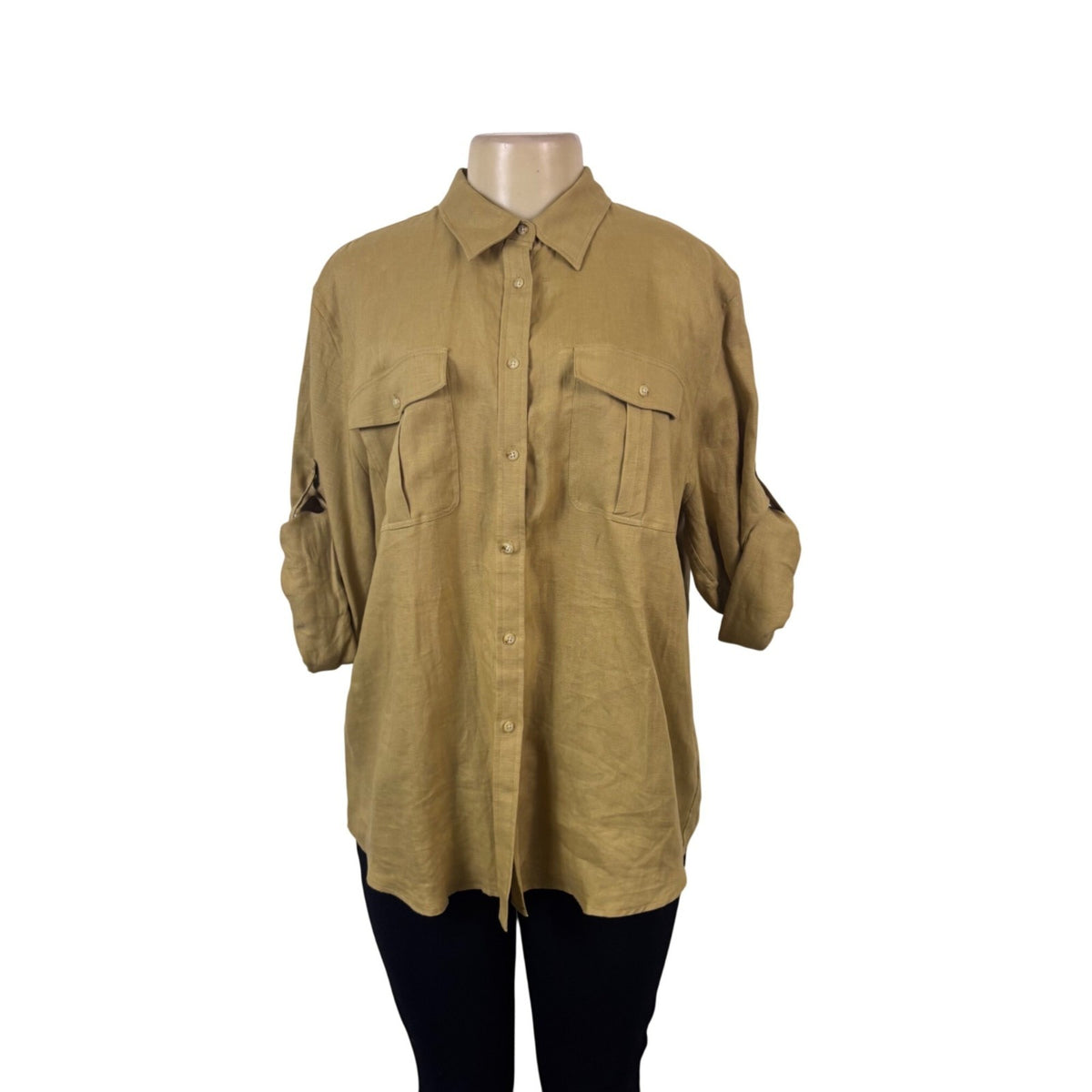 Ralph Lauren Womens Beige Linen Long Sleeve Utility Shirt Button Front Size XL