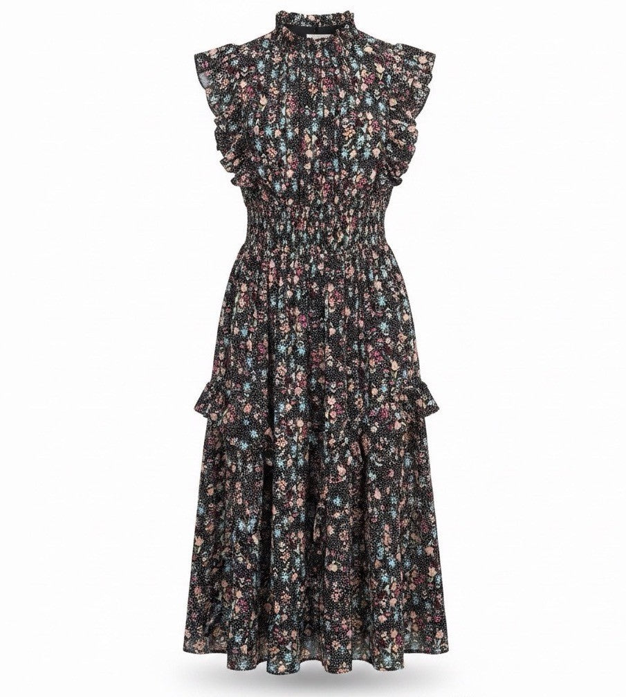 Nanette Lepore Womens Black Floral Midi Dress Ruffled Sleeveless Size 8