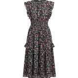 Nanette Lepore Womens Black Floral Midi Dress Ruffled Sleeveless Size 8
