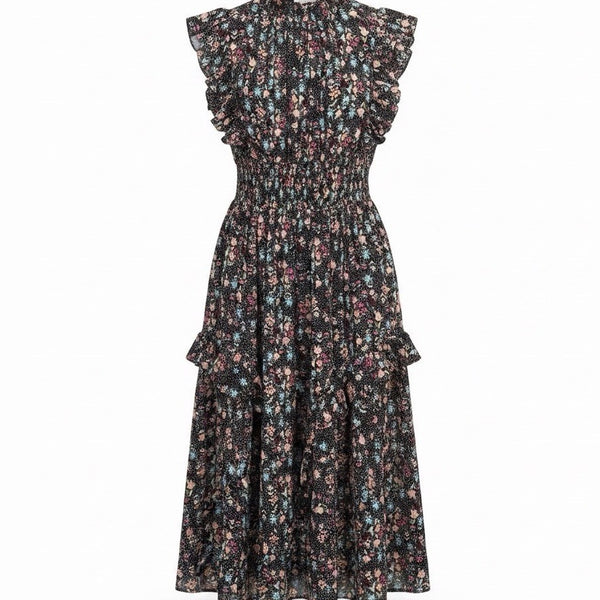 Nanette Lepore Womens Black Floral Midi Dress Ruffled Sleeveless Size 8
