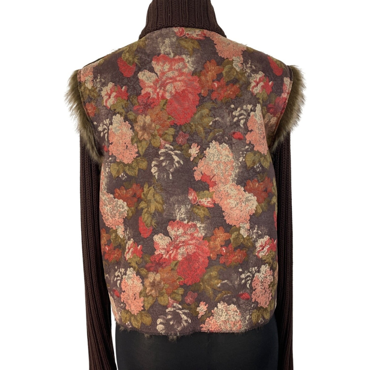 Floral Print Brown Faux Fur Coat Women’s Casual Zipper Closure Size M