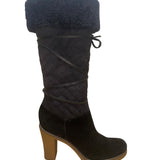 BCBGirls Women’s Black Suede & Faux Fur Quilted Heeled Knee-High Boots Size 8.5