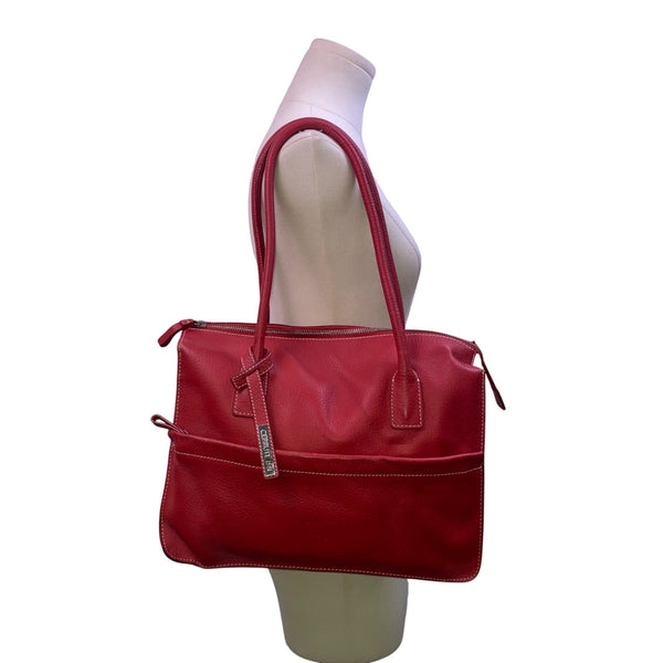 Cerruti 1881 Women’s Red Leather & Zip Top Spacious Shoulder Straps Tote Bag