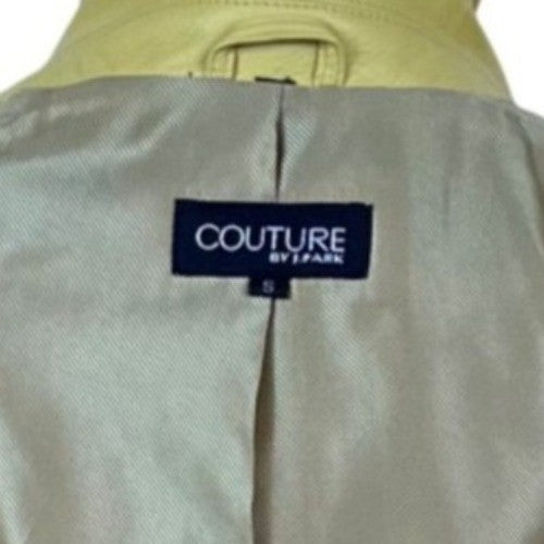 Couture Womens Yellow Leather Jacket With Satin Lining  Slim Fit Button-Up Sz S