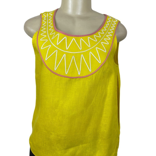 Boden Yellow Linen Sleeveless Top With Pink Trim & Embroidered Size US 6