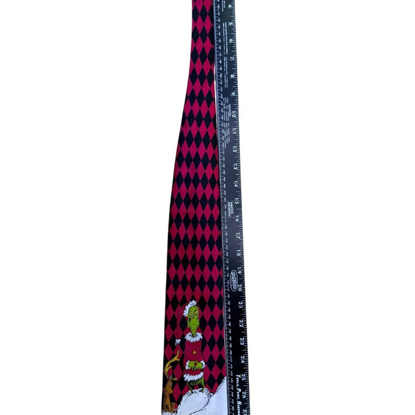 Dr. Seuss Mens Red & Black 100% Silk Christmas Grinch Themed Hand-Sewn Tie