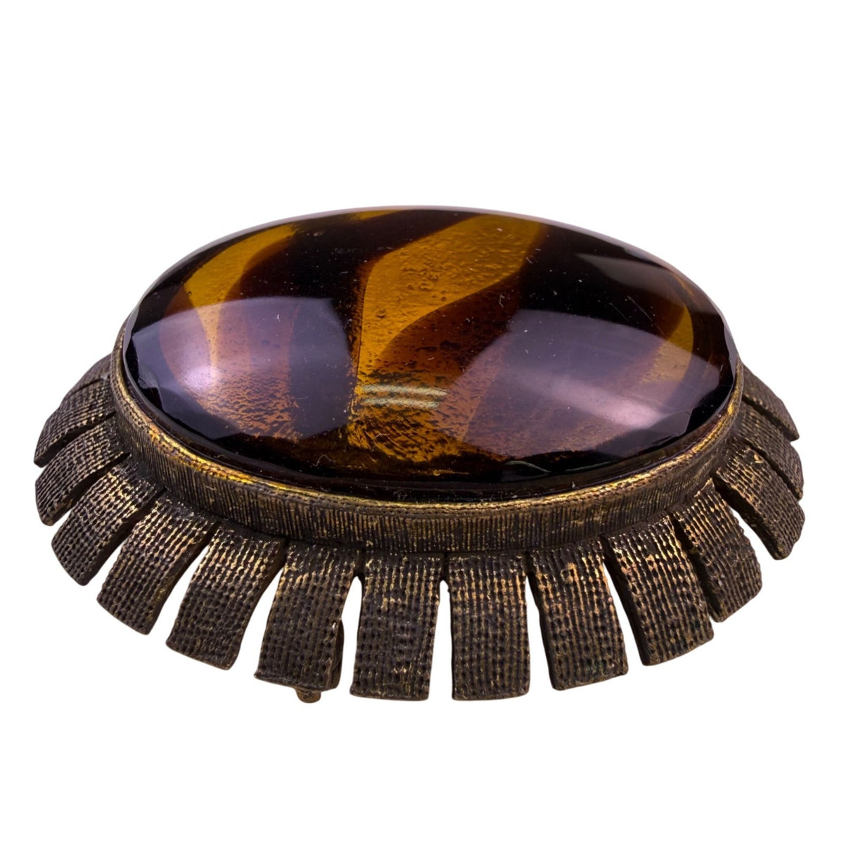 Vintage Womens Brown & Gold Tone Oval Brooch Pin Textured Metal Design