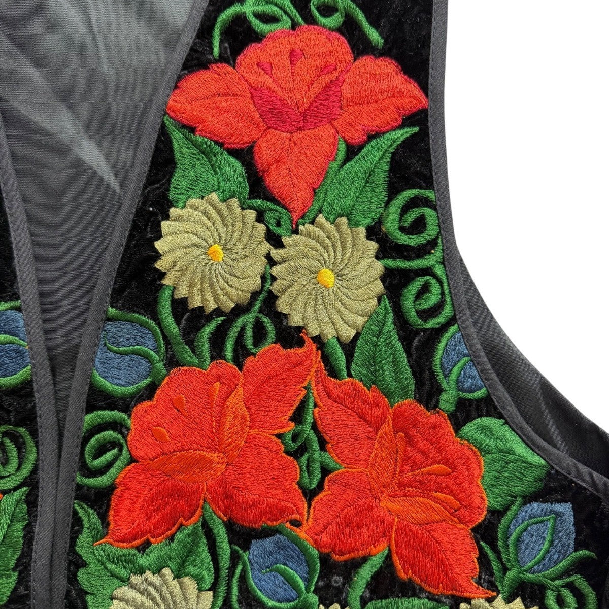 Handmade Womens Black Floral Embroidered Vest Bright Multicolor Design Sz L