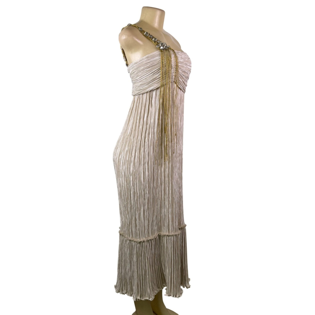 Mary McFadden Women’s Gold & Cream Pleated Satin Gown With Beaded Strap Size 6