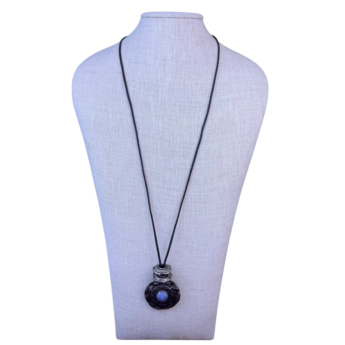Express Womens Black Cord Necklace Silver Tone Pendant Gray Blue Stone