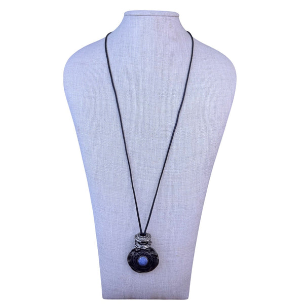 Express Womens Black Cord Necklace Silver Tone Pendant Gray Blue Stone