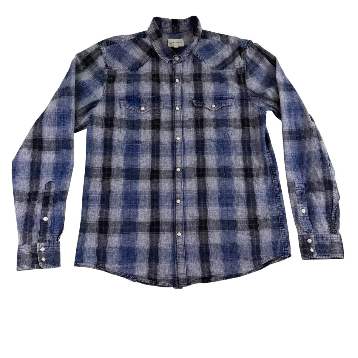 Lucky Brand Mens Blue Cotton Plaid Button-Up Western Shirt Front Pockets Size M